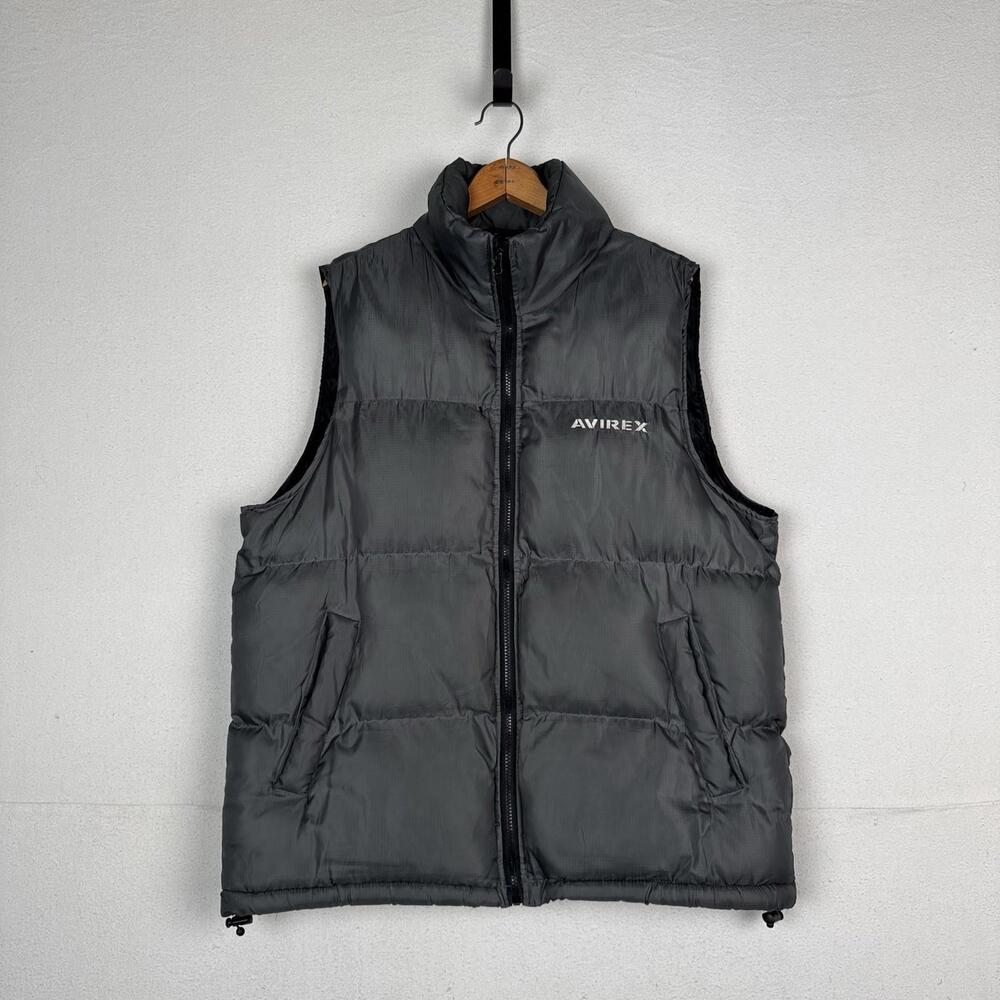 Avirex Puffer Vest‎ Mens Medium M Gray Full Zip Stowaway Hood *Small Hole